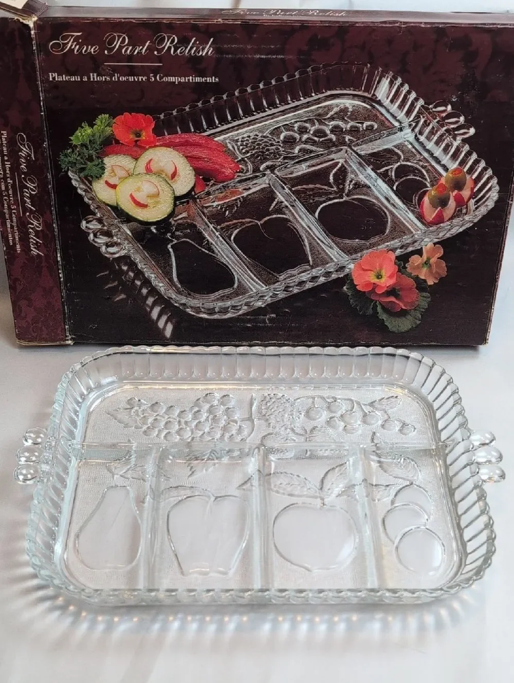 Indiana Glass Five Part Relish Glass Serving Tray Vintage Original Box